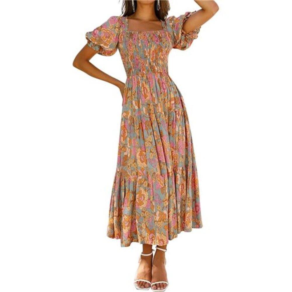 Women's Summer Boho Floral Print Square‎ Neck Ruffle Swing Beach Long Maxi Dress